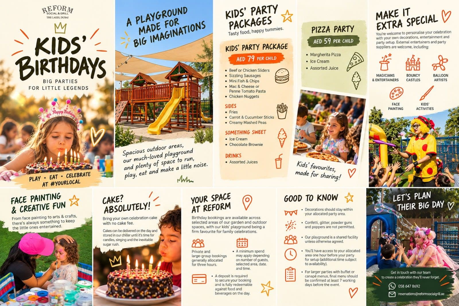 Kids' birthday parties at Reform Social & Grill brochure: playground, party packages, cake, face painting and good-to-know details